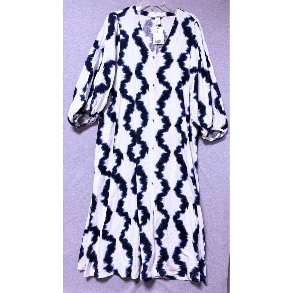 NWT H&M Blue White Tie Dye Ikat V-Neck Balloon Sleeve Midi Dress Womens XL